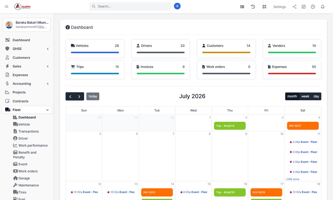 Fleet module dashboard with calendar