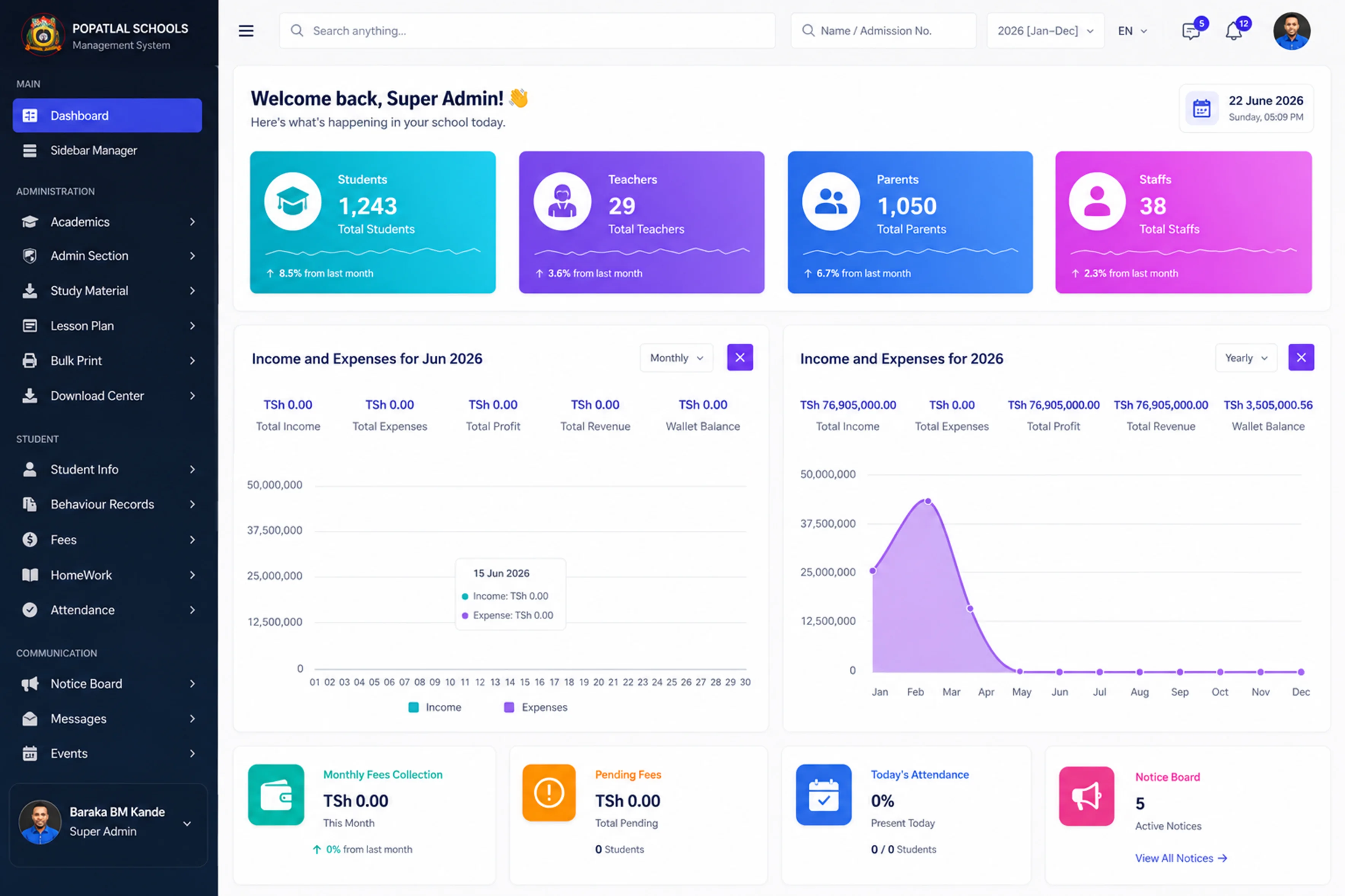 Popatlal Schools super admin dashboard with KPIs and School Command Center